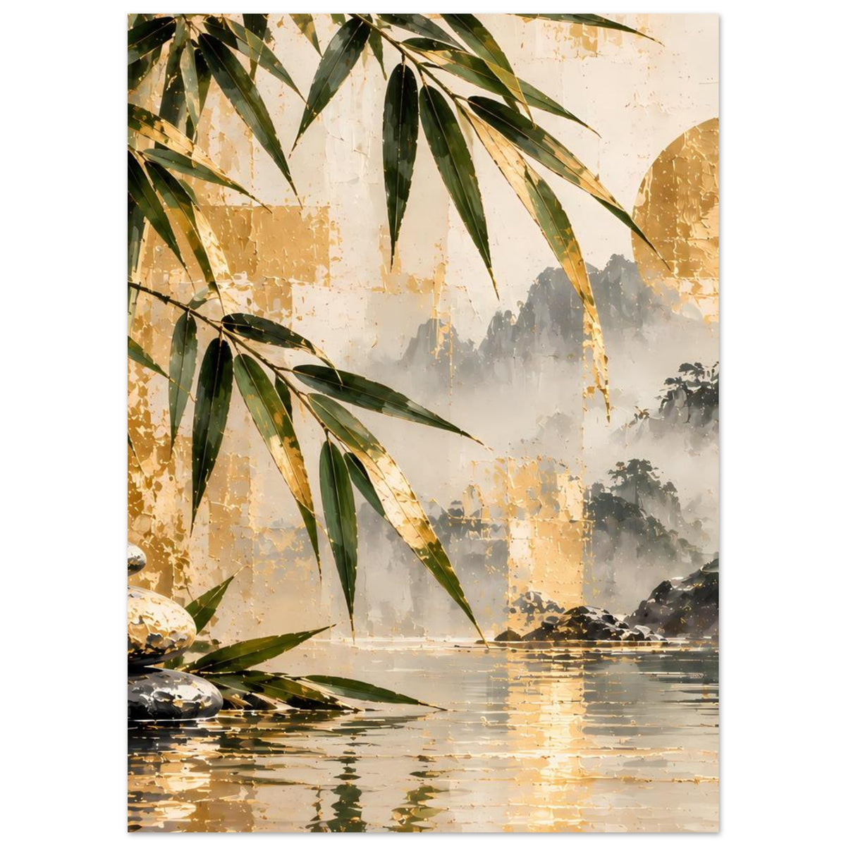 Wandposter mit Bambuszweigen und Wasserfall im Dunst, ruhiges Wasser mit warmen Reflexen