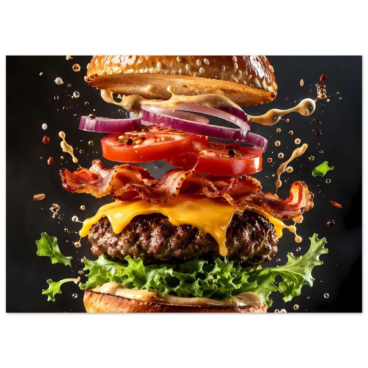 Burger-Poster quer: Brötchen, Käse, Tomaten und Salat in dynamischem Explosionsmotiv