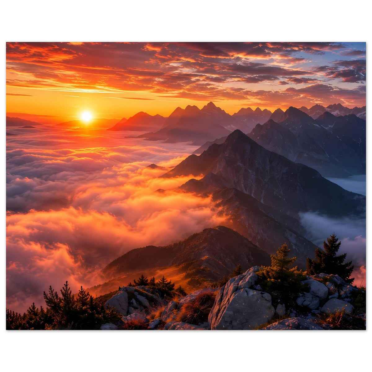 Wandposter im Querformat: Abendrot über Bergspitzen, Nebel zieht durch das Tal, Felsvordergrund.
