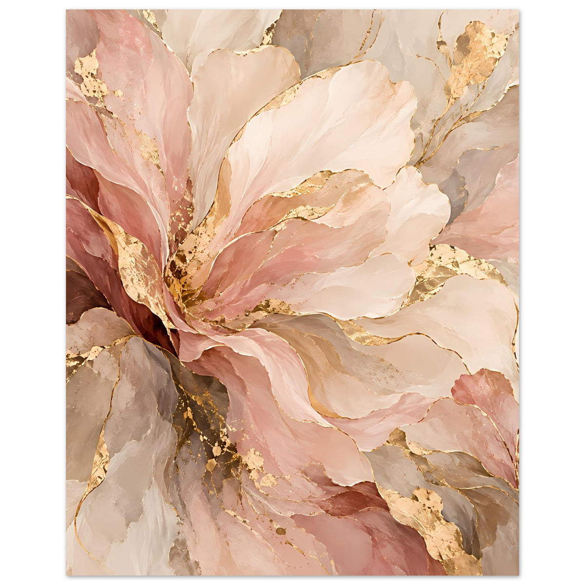Blumenposter im Hochformat mit rosafarbenen Blütenblättern, goldenen Linien und mattem Papier