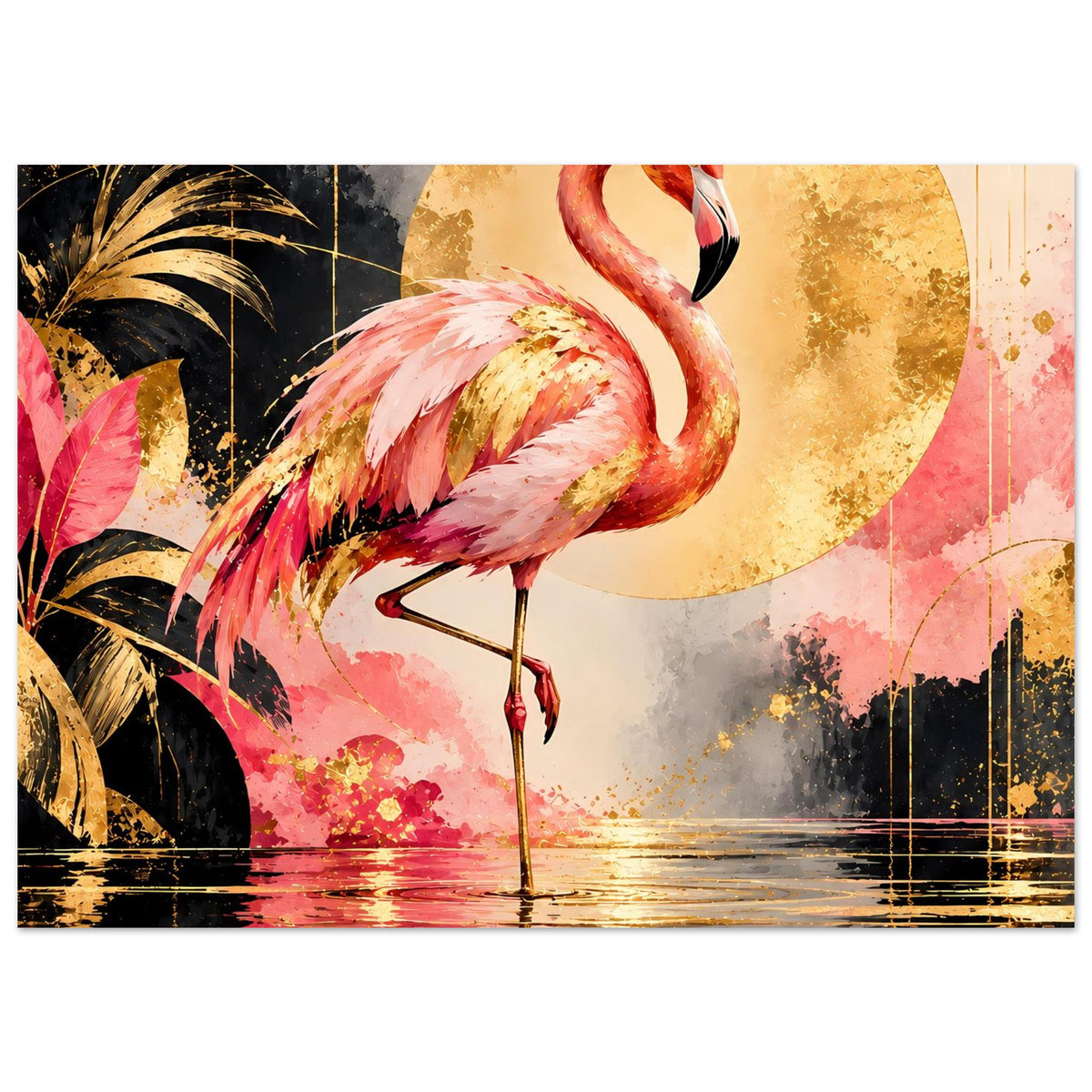 Flamingo-Tierposter: rosa Flamingo, goldene Akzente, abstraktes Wasser und tropische Blätter