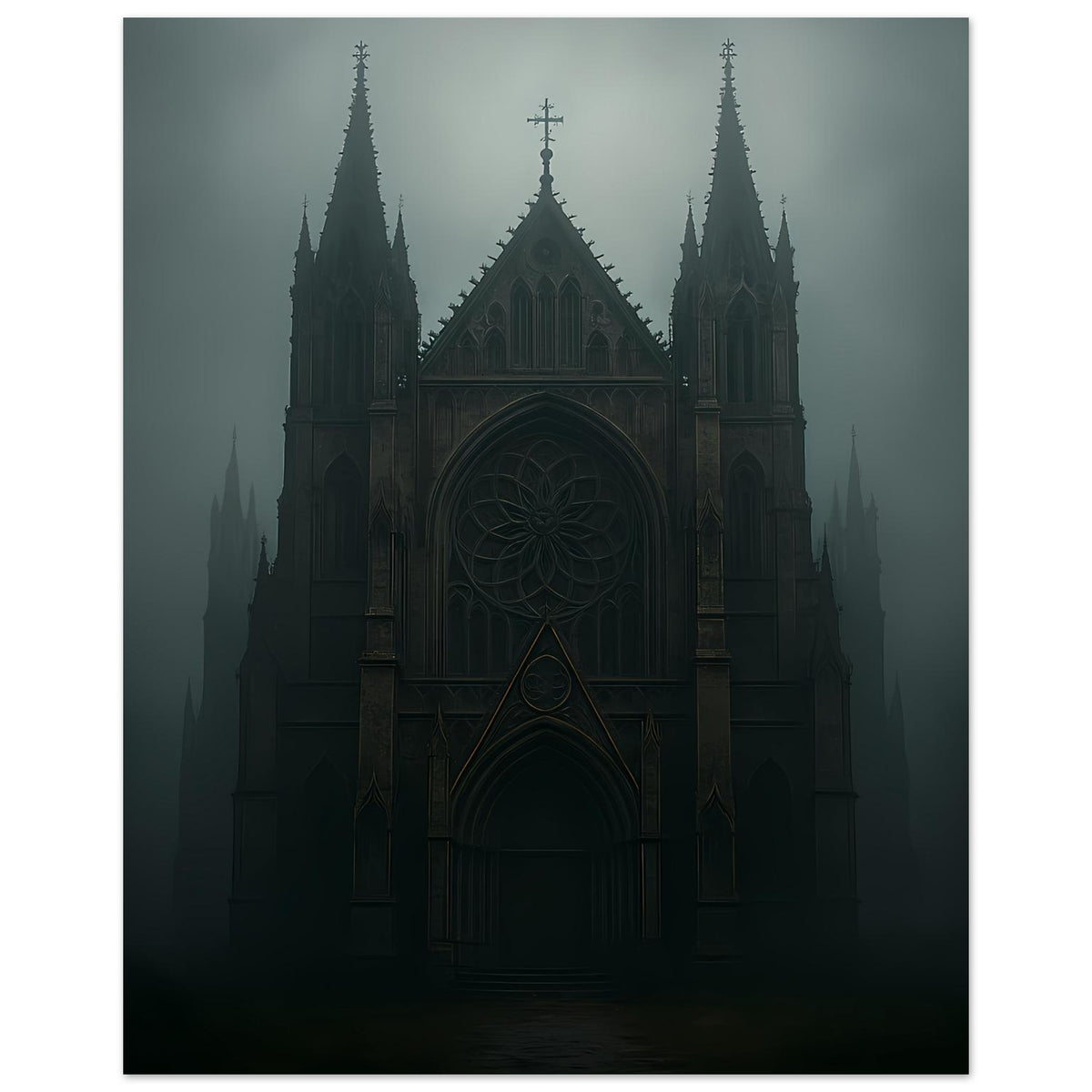 Gotisches Kathedralenposter: dunkle Kathedralenfassade mit Kreuztürmen und Portalbogen im Nebel