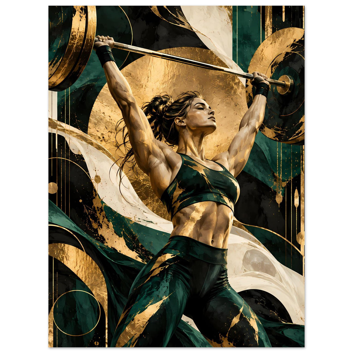 Kraftposter: Athletin in grünem Sportoutfit hebt eine Hantelstange, Gold- und Grünakzente
