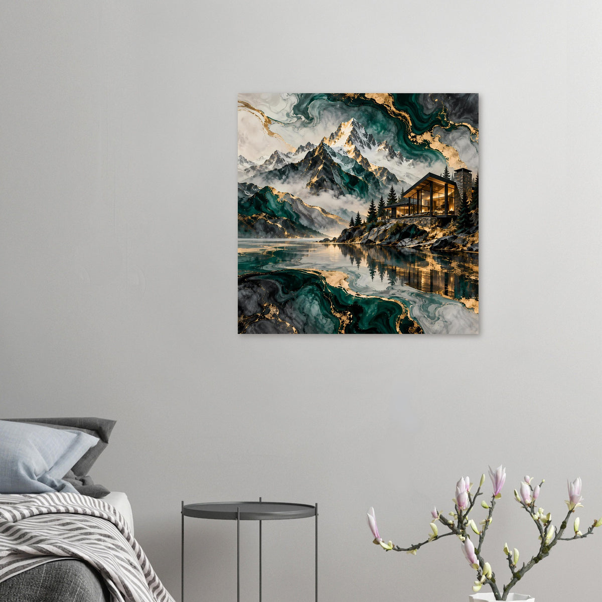 Naturblick-Poster (klein): Berge, Bergsee, Tannen und modernes Haus mit Goldakzenten