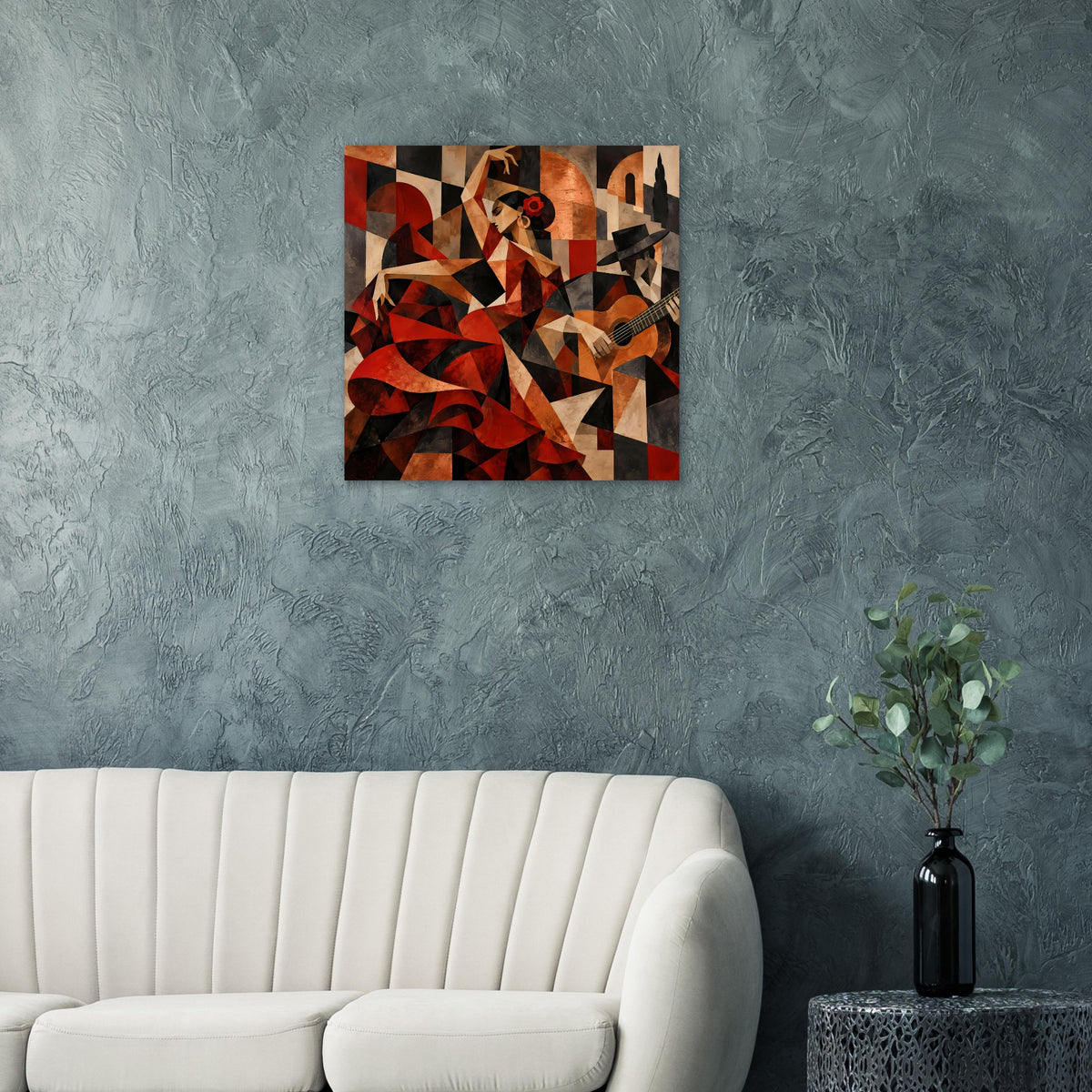 Quadratisches Kunstposter mit abstrakten Flamenco-Figuren in Rot-, Braun- und Schwarztönen