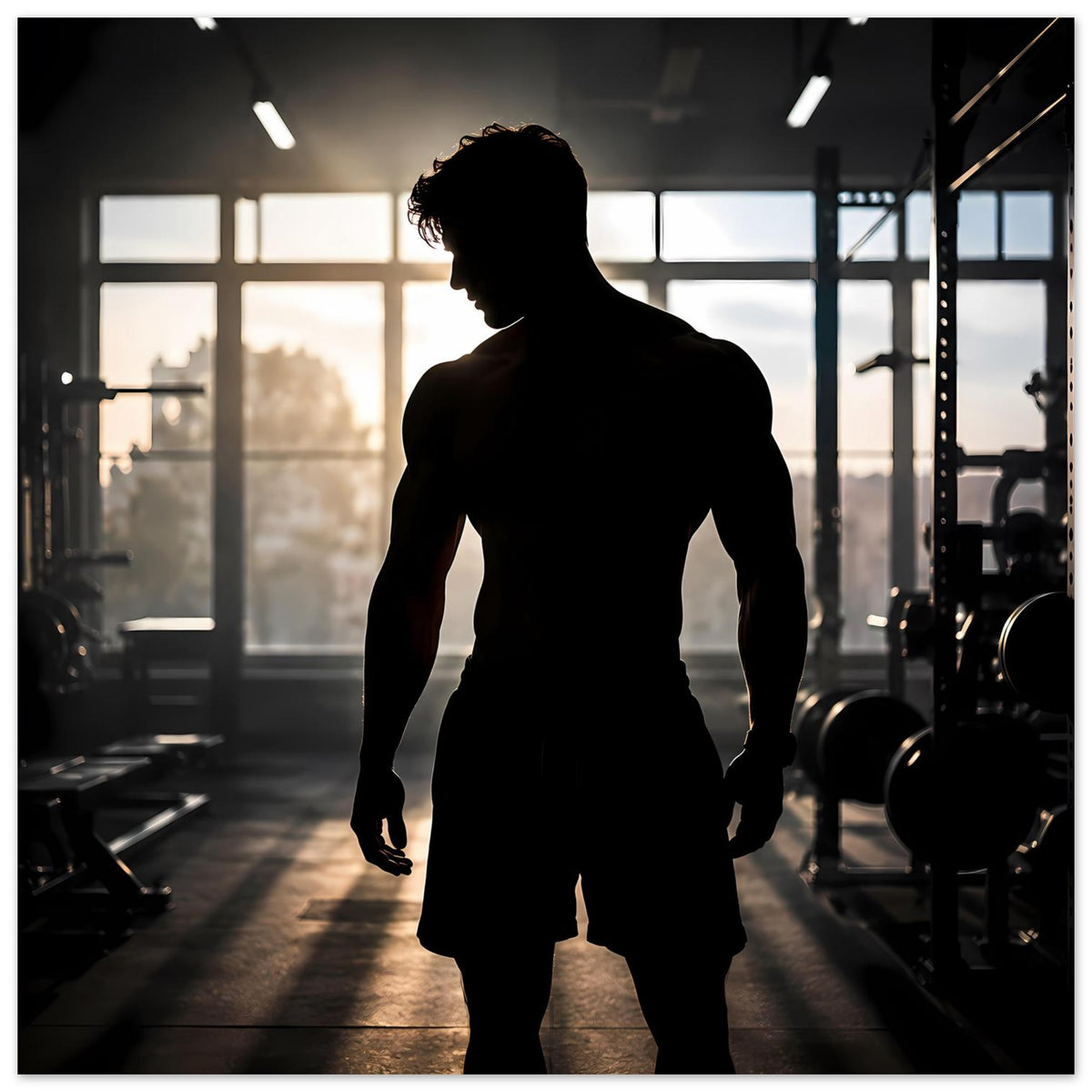 Fitness-Poster mit dunkler Silhouette eines muskulösen Mannes, zentral von vorne nach links