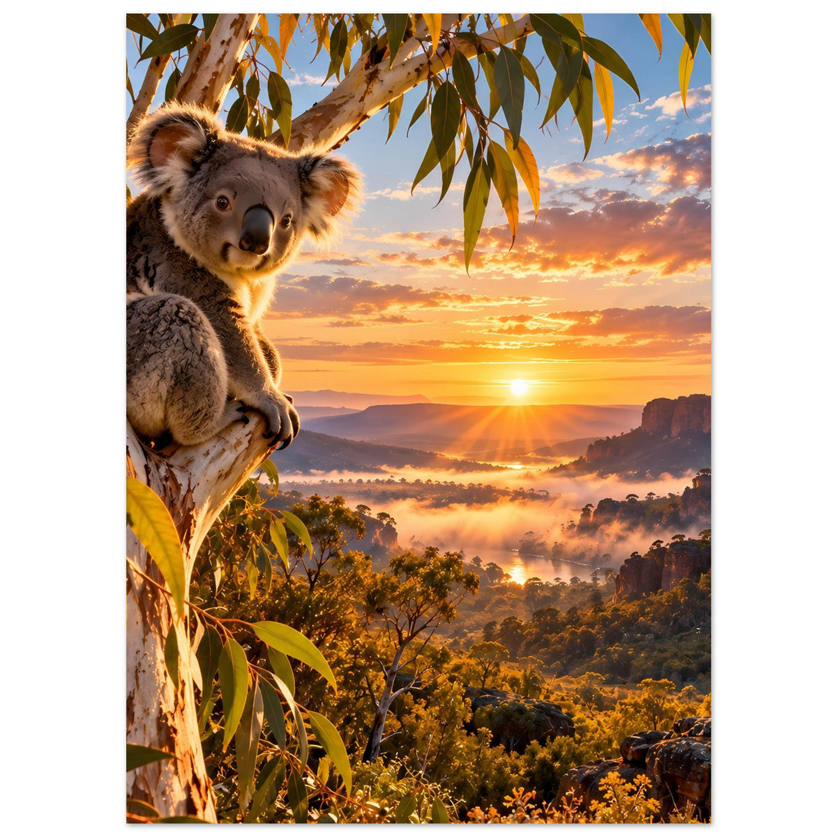 Koala-Poster: Koala auf Baumast, orangefarbene Sonne, Nebel über Wäldern
