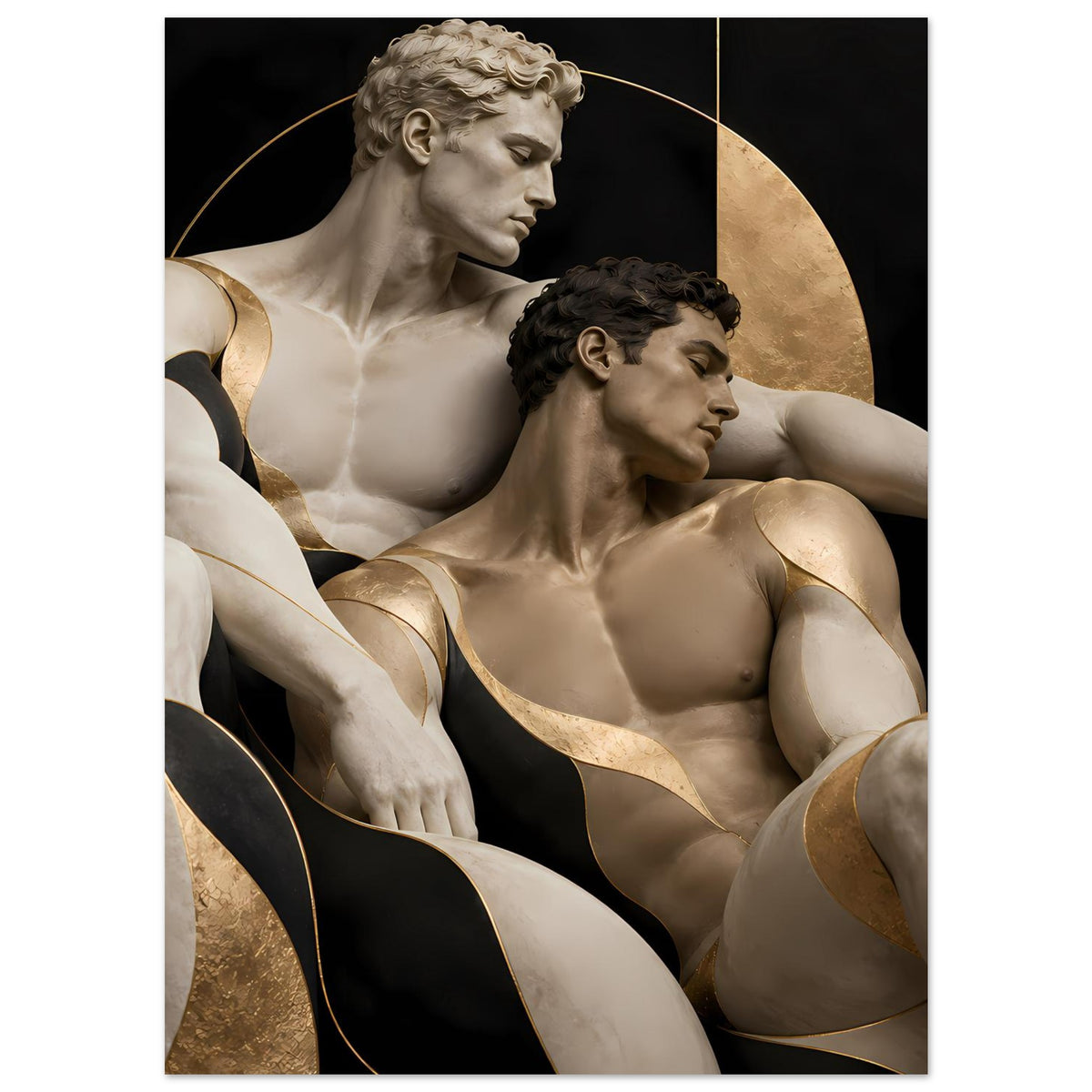 Vertikales Poster mit drei Aktfiguren, schwarzer Hintergrundfläche und goldenen Schmucklinien