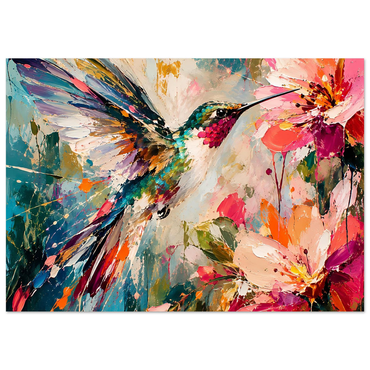 Kunstdruck-Poster im Querformat mit Kolibri und Blüten in bunten Pinselstrichen