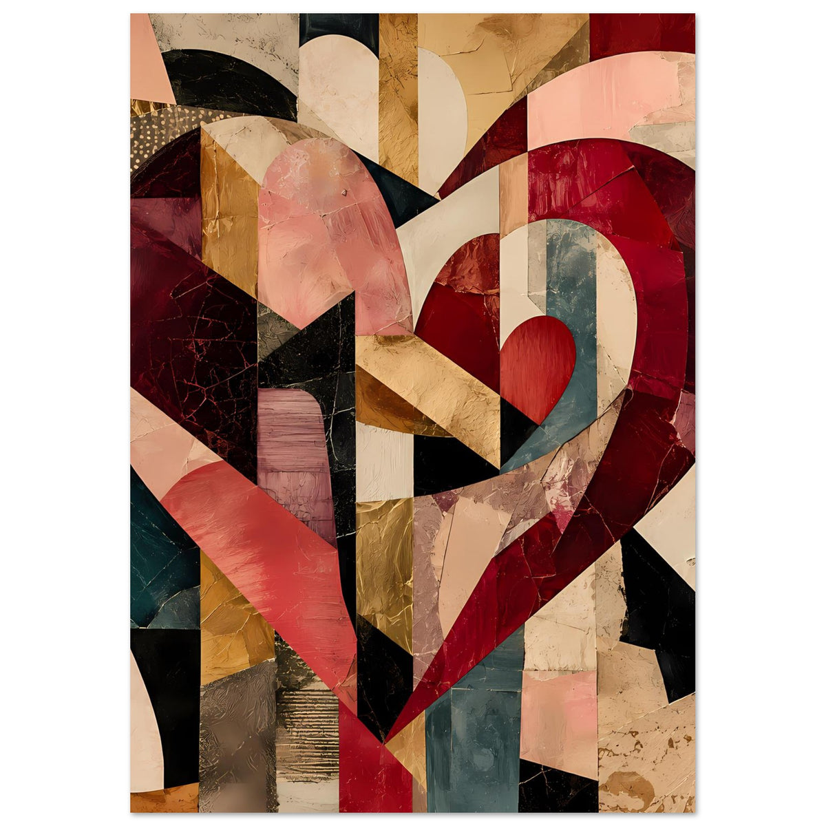 Wandposter mit abstraktem Herz aus Patchwork-Segmenten in Rot, Beige, Schwarz und Blaugrün