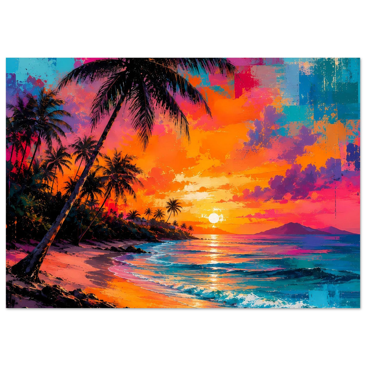 Abstraktes Strandposter, quer: Palmen links, Sonne im Zentrum, buntes Meer im Vordergrund