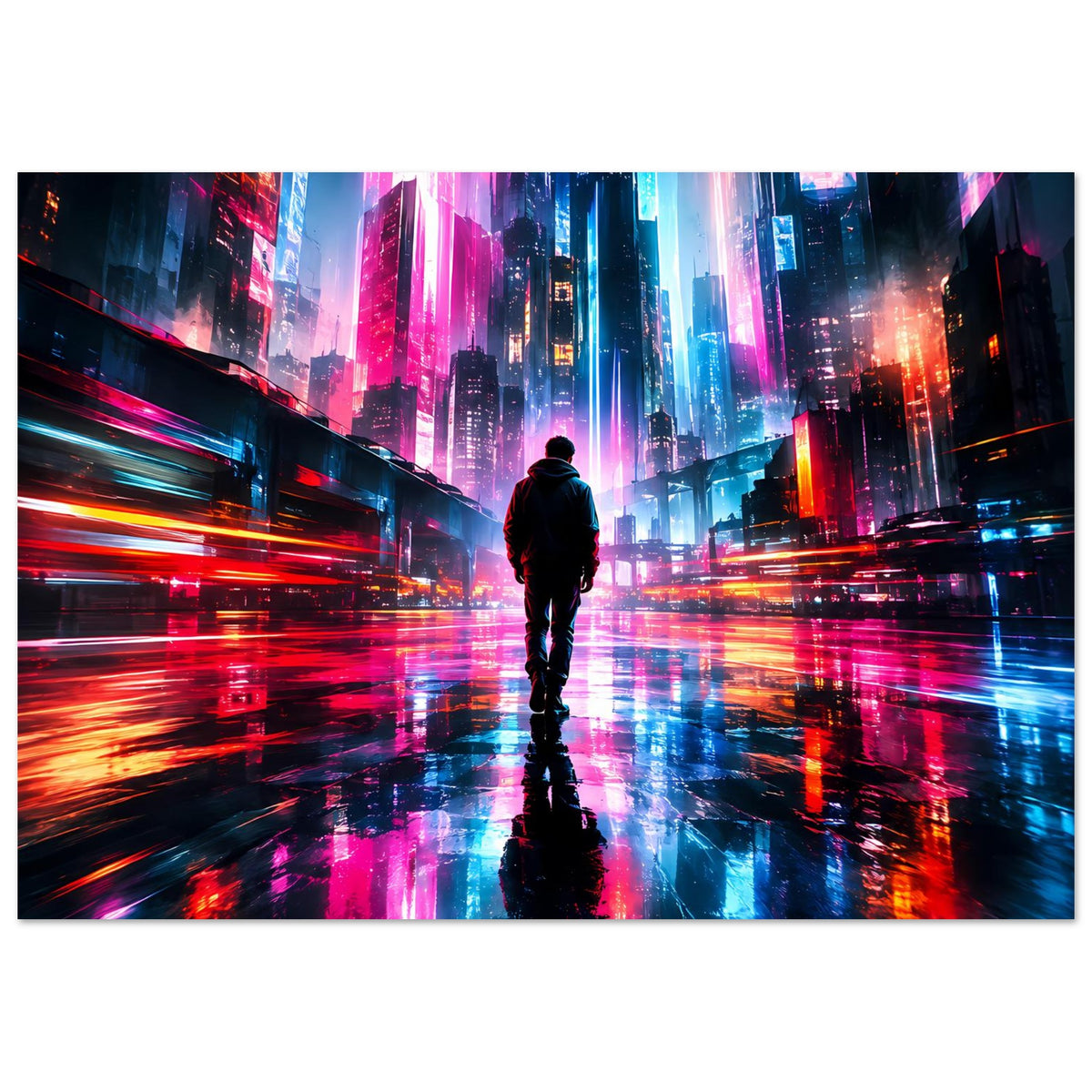 Cyberpunk-Poster Neonstadt: Person im Rücken, leuchtende Skyline und Spiegelungen