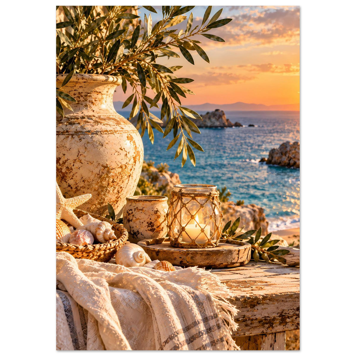 Vertikales Küstenbild: Vase mit Olivenzweigen, Muscheln, Seestern und Laterne am Meer.