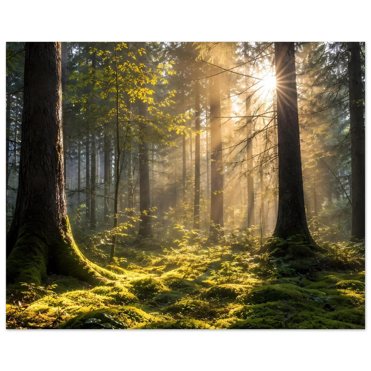Waldposter im Querformat: warmes Sonnenlicht zwischen Baumstämmen über grünem Moos