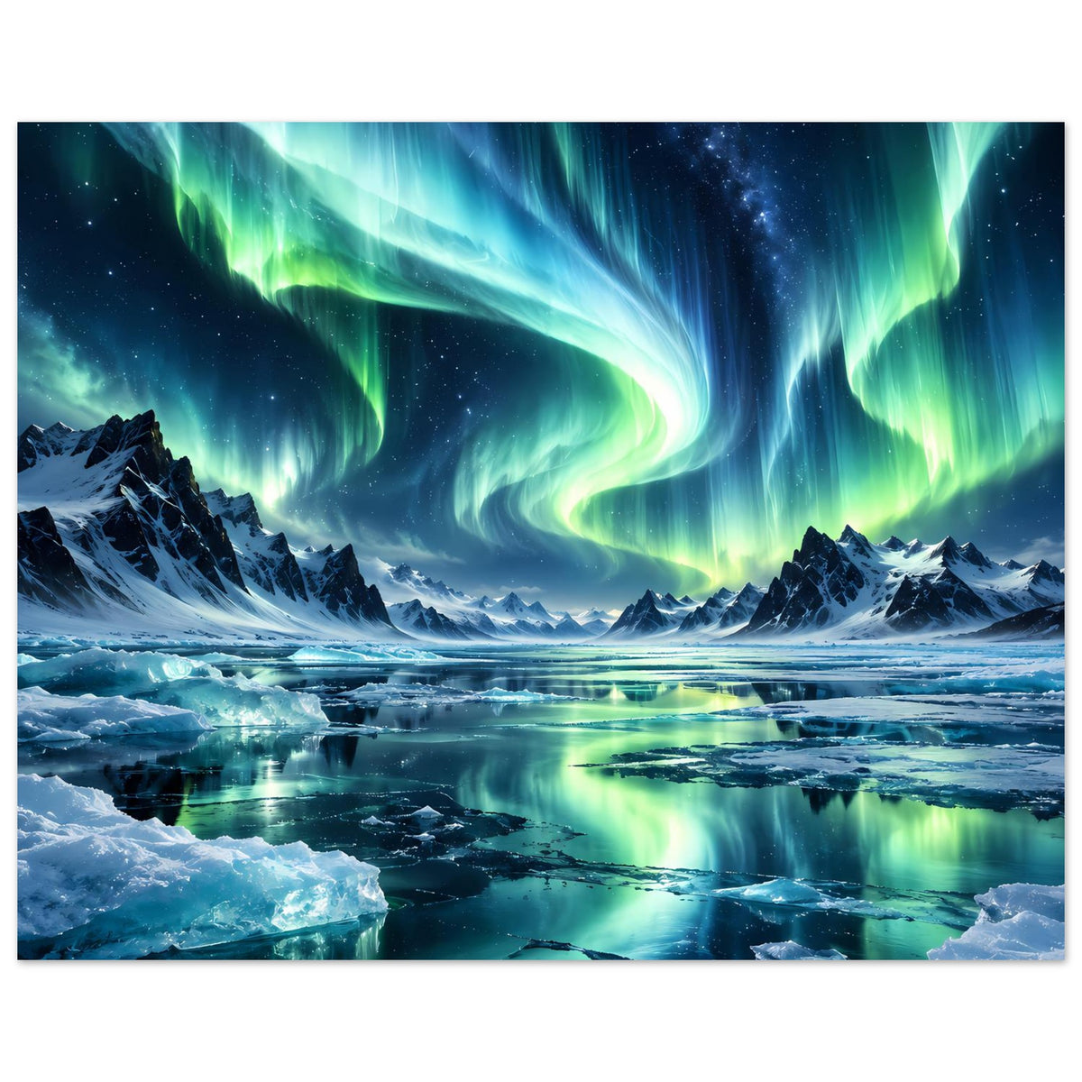 Horizontales Poster mit Nordlichtbogen über eisigem Wasser und Bergen