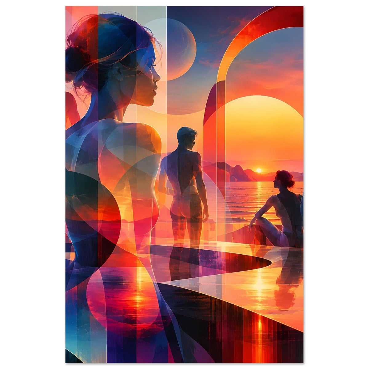 Kunstposter: Frauen- und Männer-Silhouetten vor orange-blauem Sonnenuntergang am Wasser
