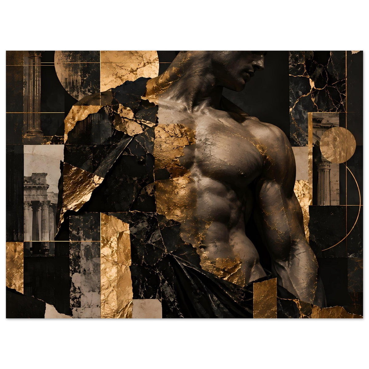 Kunstposter mit Büste im Profil, schwarze Hintergründe, goldene Akzente und Säulenformen