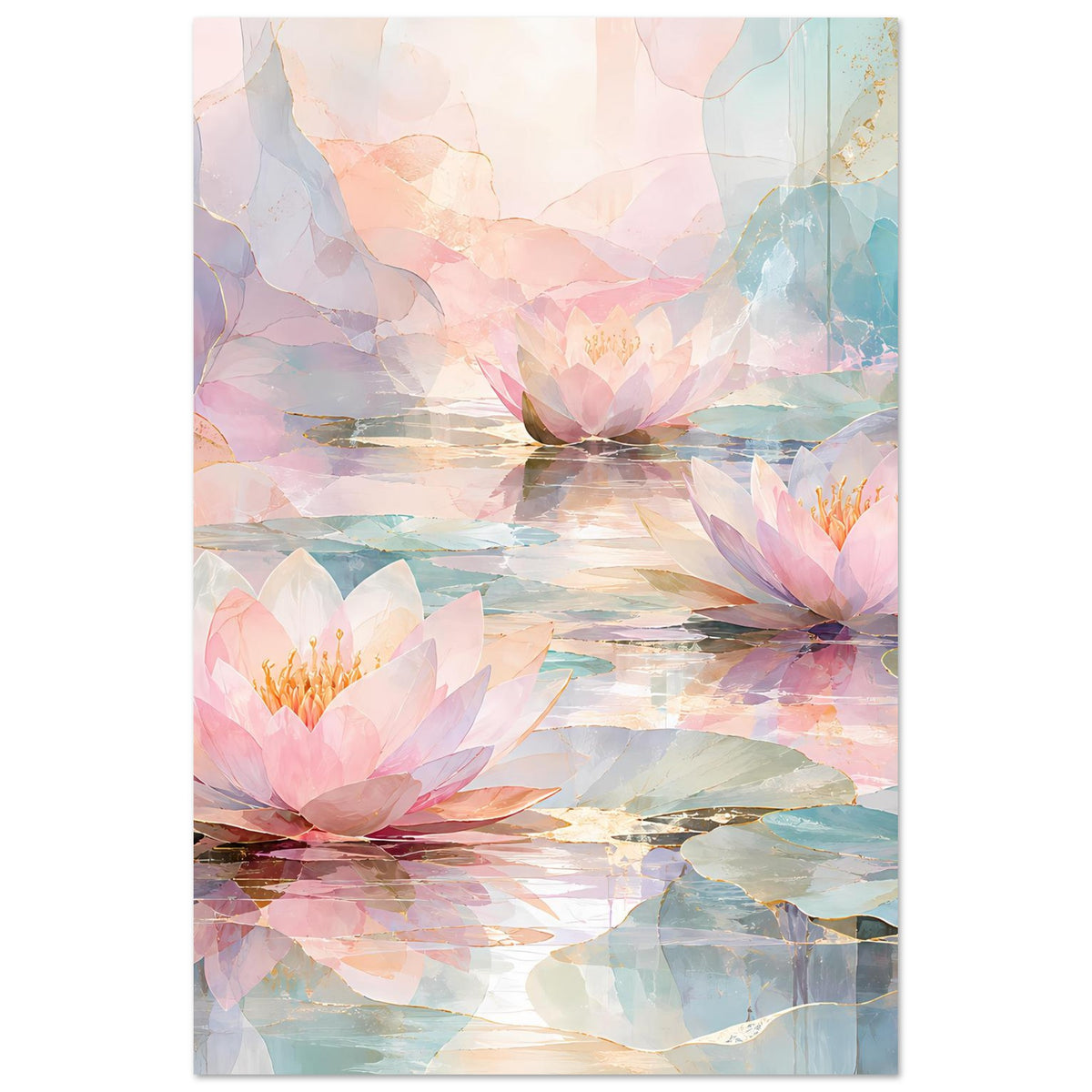 Florales Poster mit rosa Seerosen auf Wasser, Pastellfarben, abstrakte Textur