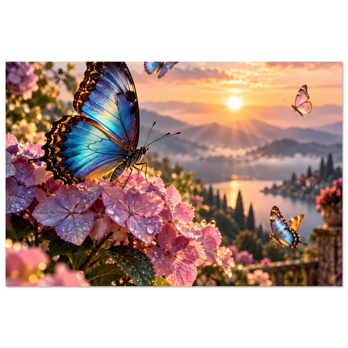 Vertikales Poster: großer blauer Schmetterling auf rosa Blüten, mehrere Schmetterlinge im Motiv