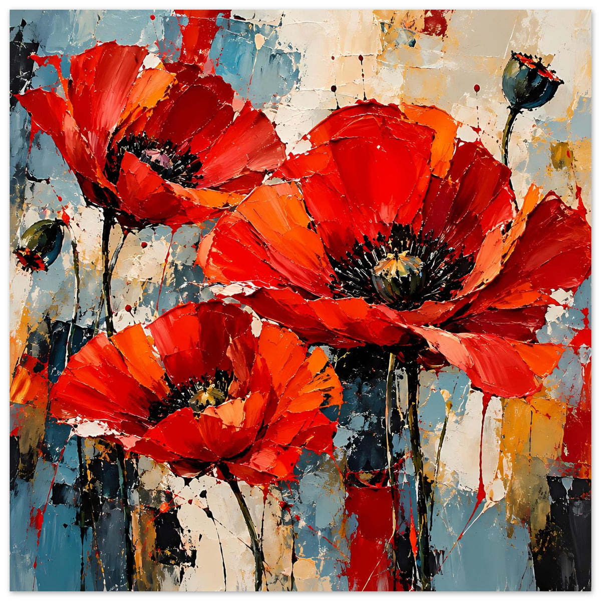 Abstraktes Poster mit roten Mohnblumen, Farbspritzer und Strukturlack-Effekt, gerahmt