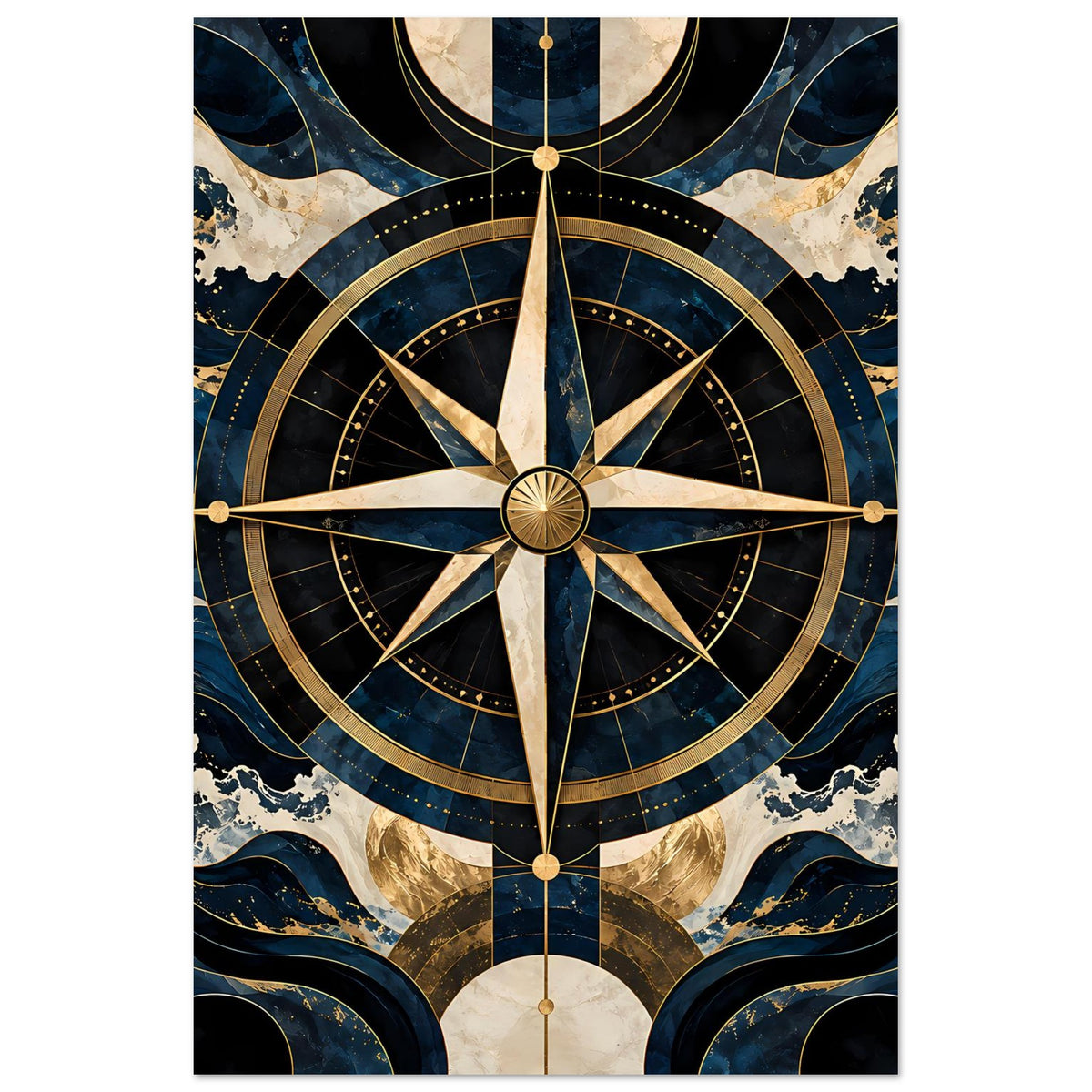 Maritimes Navigationsposter: Kompassrose mit goldenen Linien auf Blau und Beige