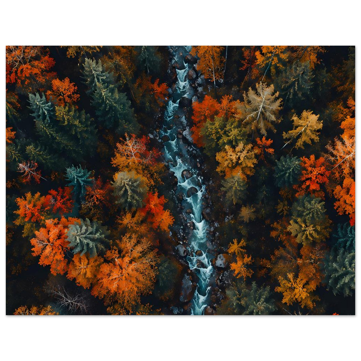 Breites Poster mit Herbstwald und Fluss, kontrastreiche Orange- und Grüntöne