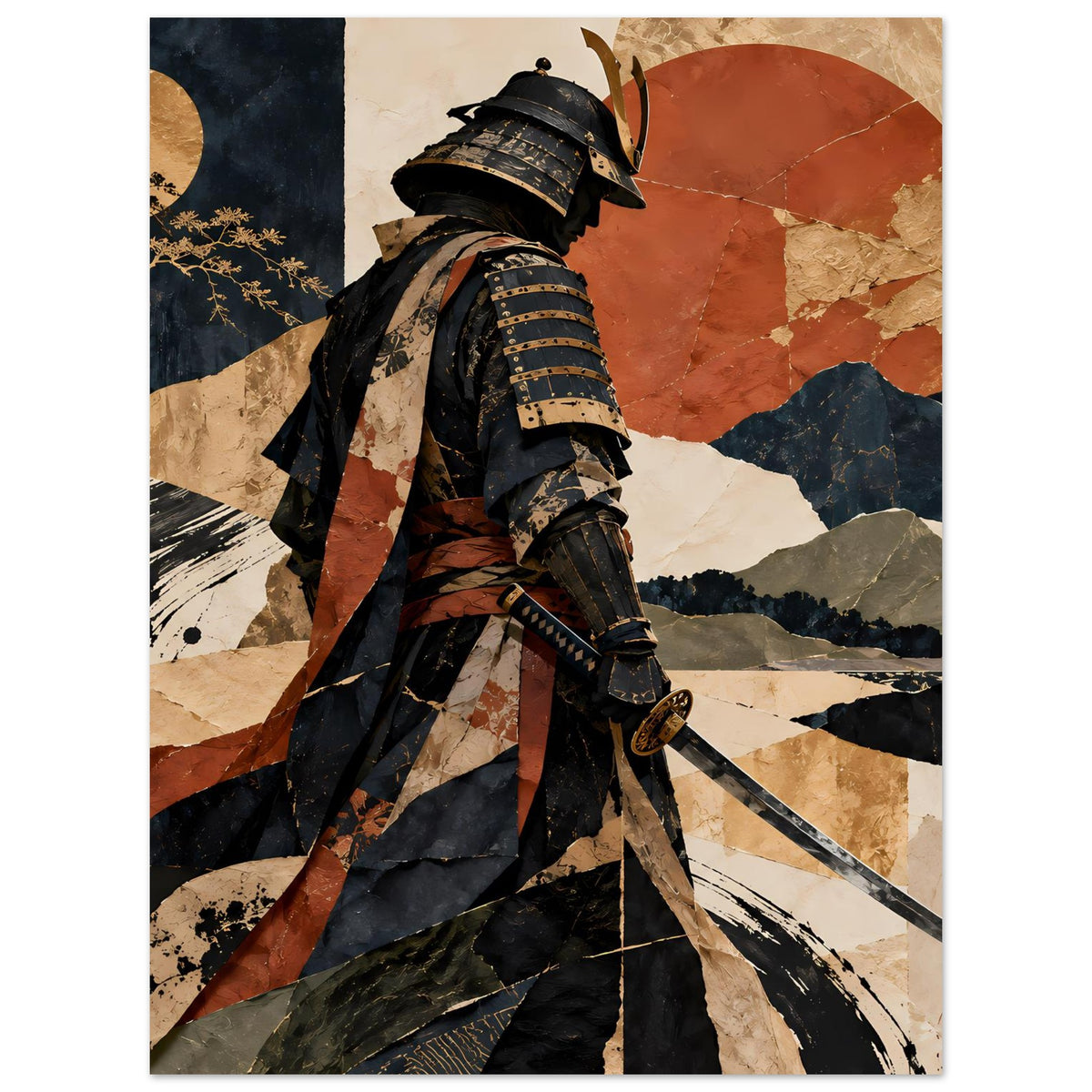 Poster im Hochformat: Samuraisilhouette mit Schwert, schwarze Rüstung, erdige Berge und Formen.
