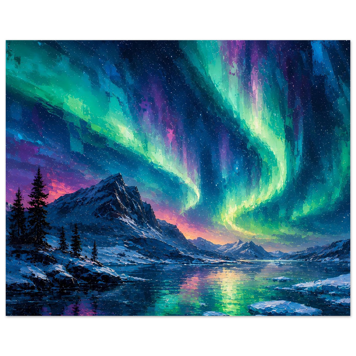 Horizontales Poster: farbige Nordlichter über Winterlandschaft mit ruhigem Gewässer
