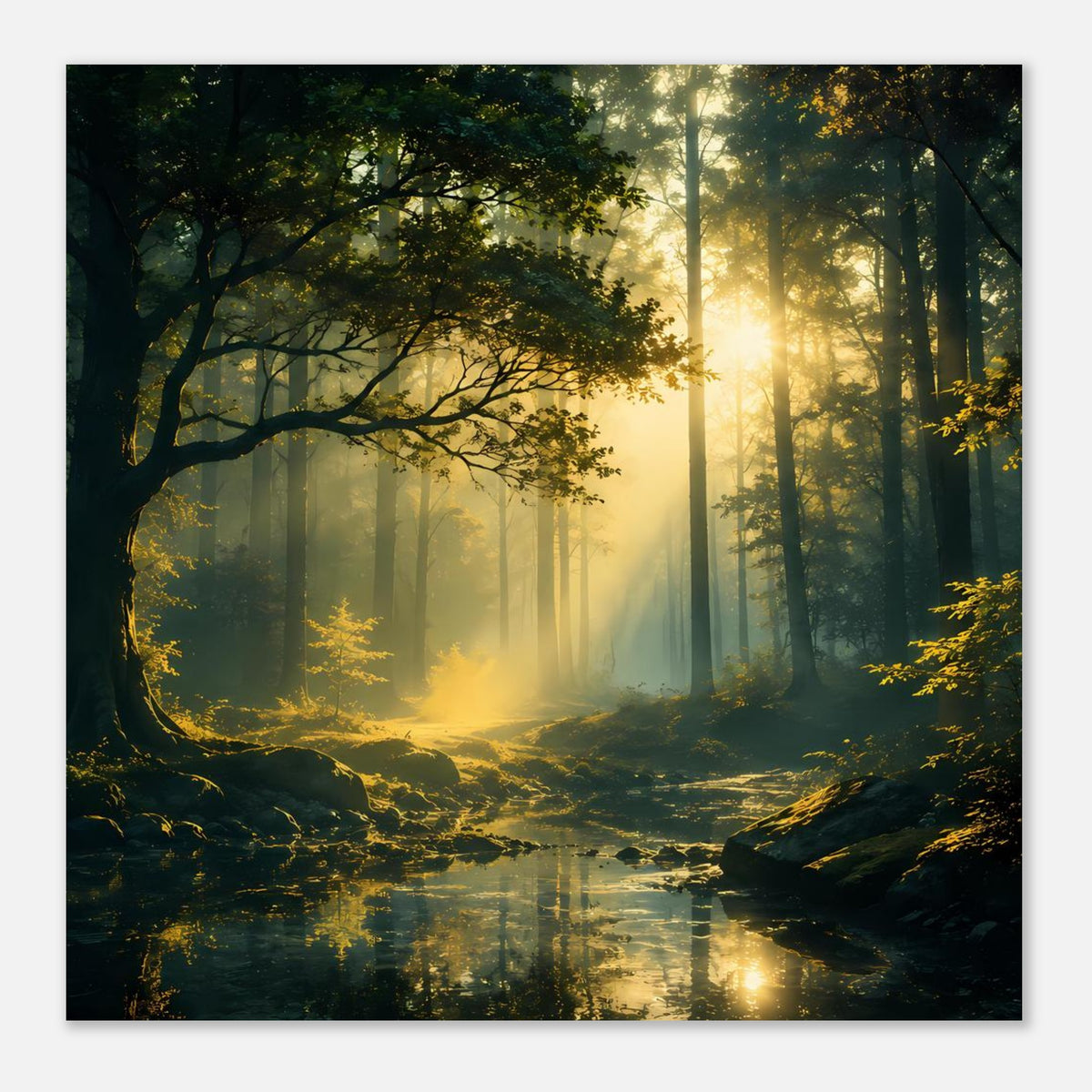 Waldlicht-Poster im quadratischen Format: Sonnenstrahlen im Nebelwald, Bachlauf und Wasserreflex