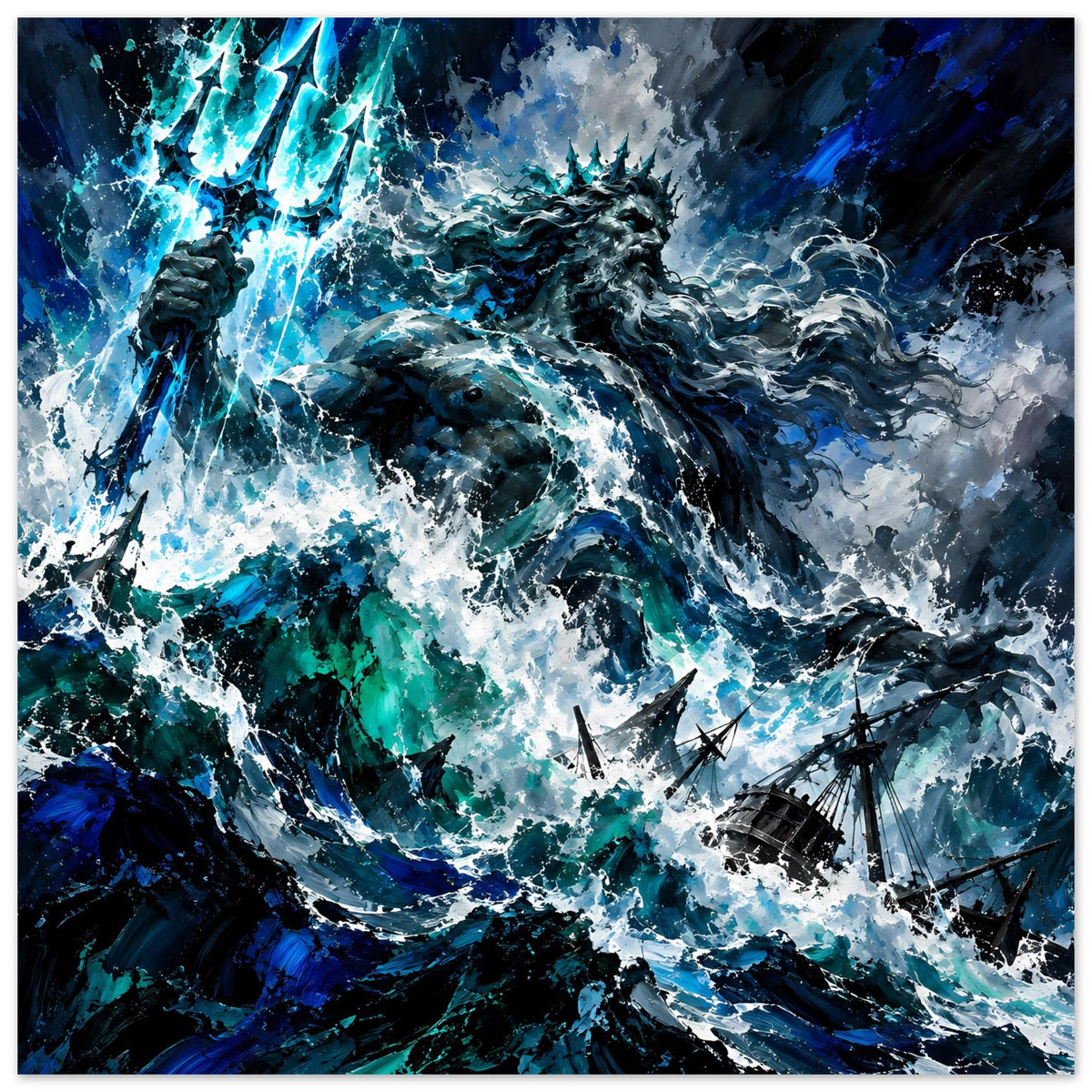 Wandposter Meeresturm mit Poseidon über aufgewühlten Wellen, türkis-blaues Fantasy-Motiv