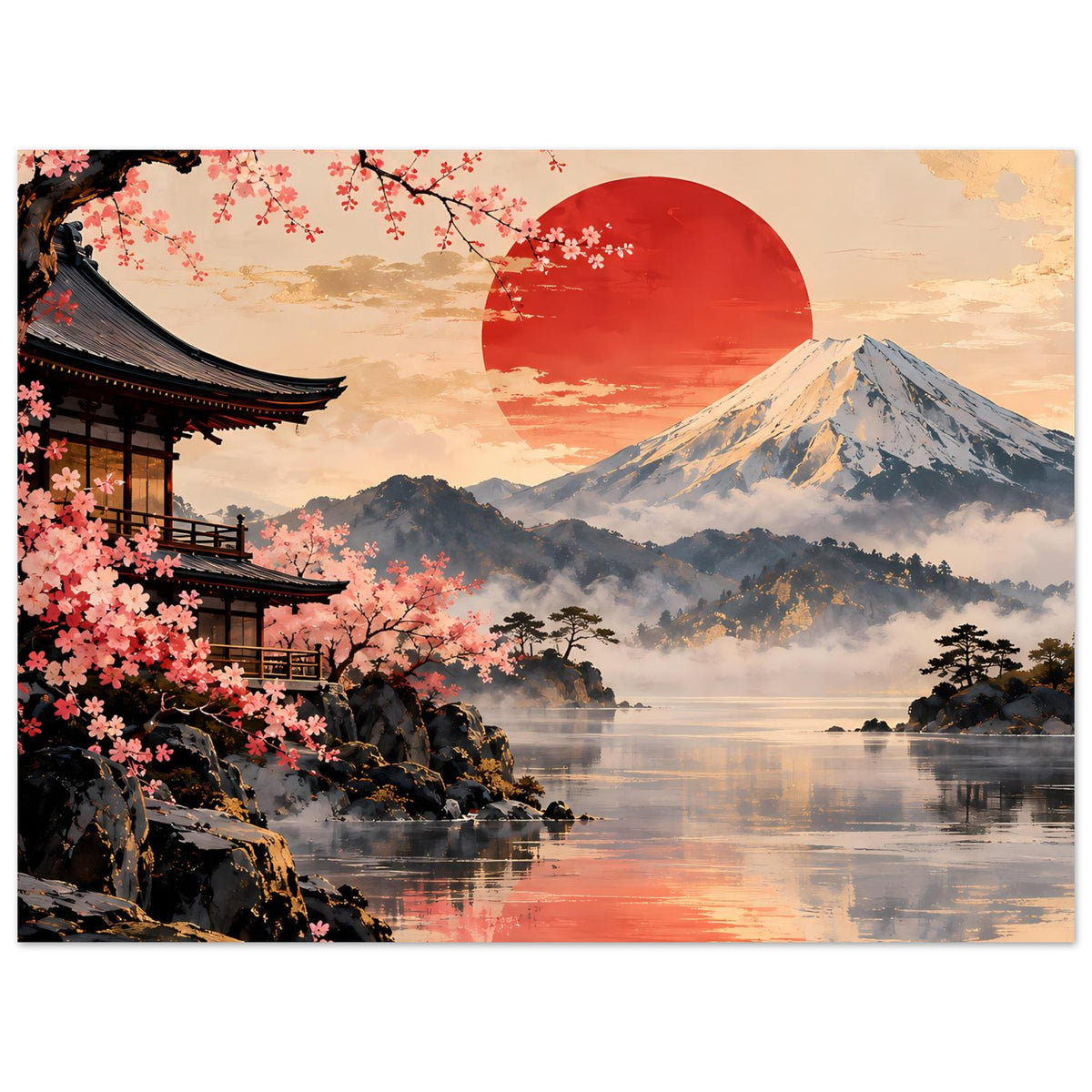 Poster mit japanischer Szenerie: Pagodendach links, Kirschblüten, Berg, See und roter Halbmond