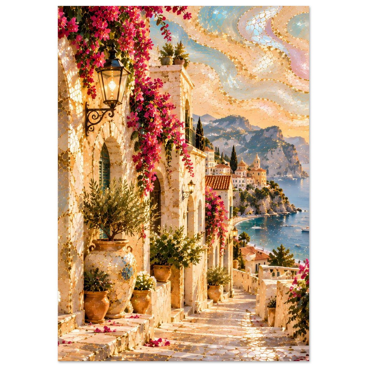 Poster mit mediterraner Treppe und Blumen: Laterne, Steinbögen, Küste und Sonnenuntergangslicht