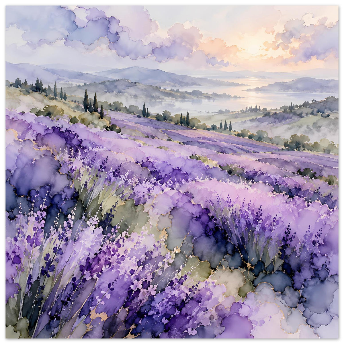 Landschaftsposter mit lila Lavendelfeld und Aquarellwolken über Hügeln