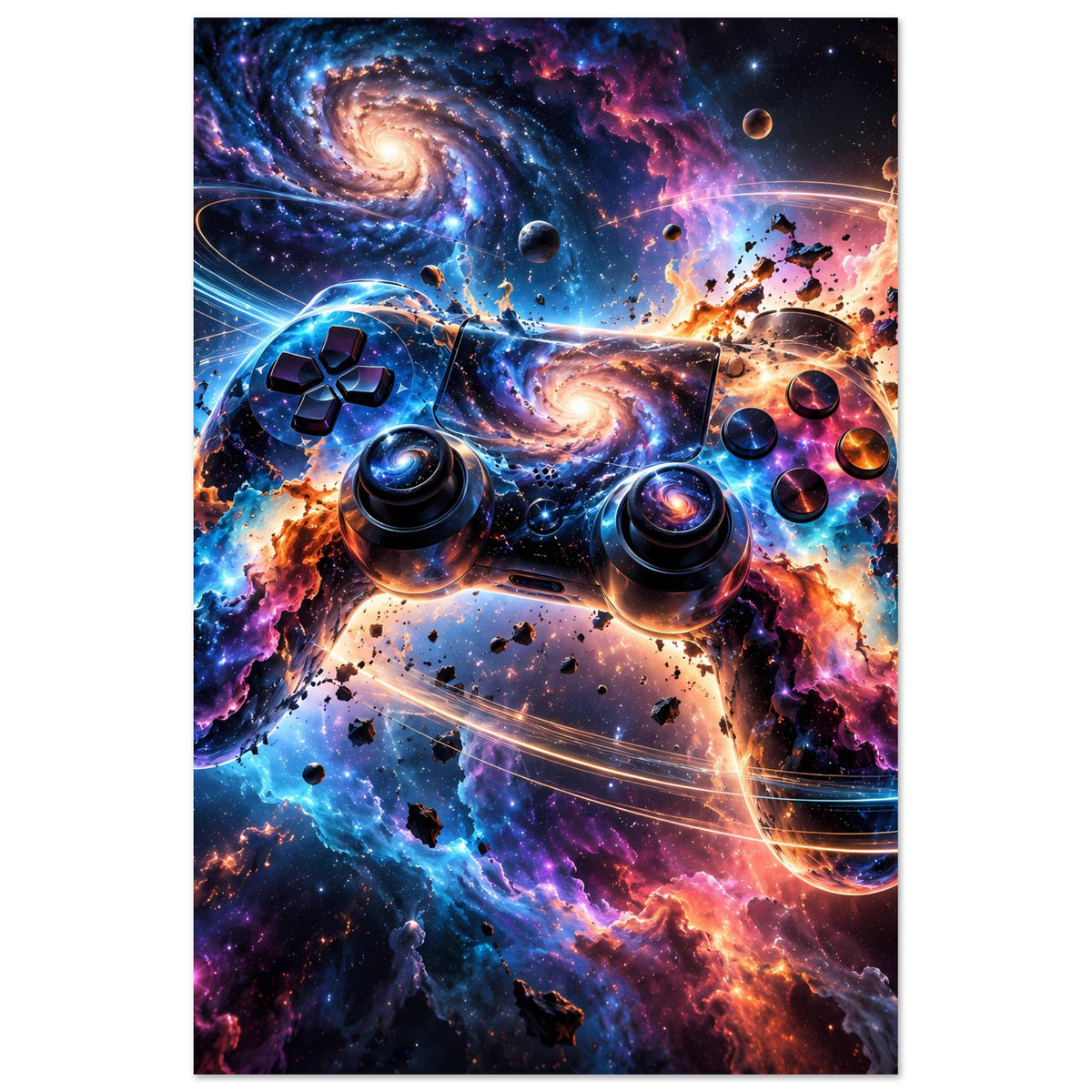 Vertikales Poster mit Galaxie-Controller, kosmische Farbverläufe, Planeten und Sterne