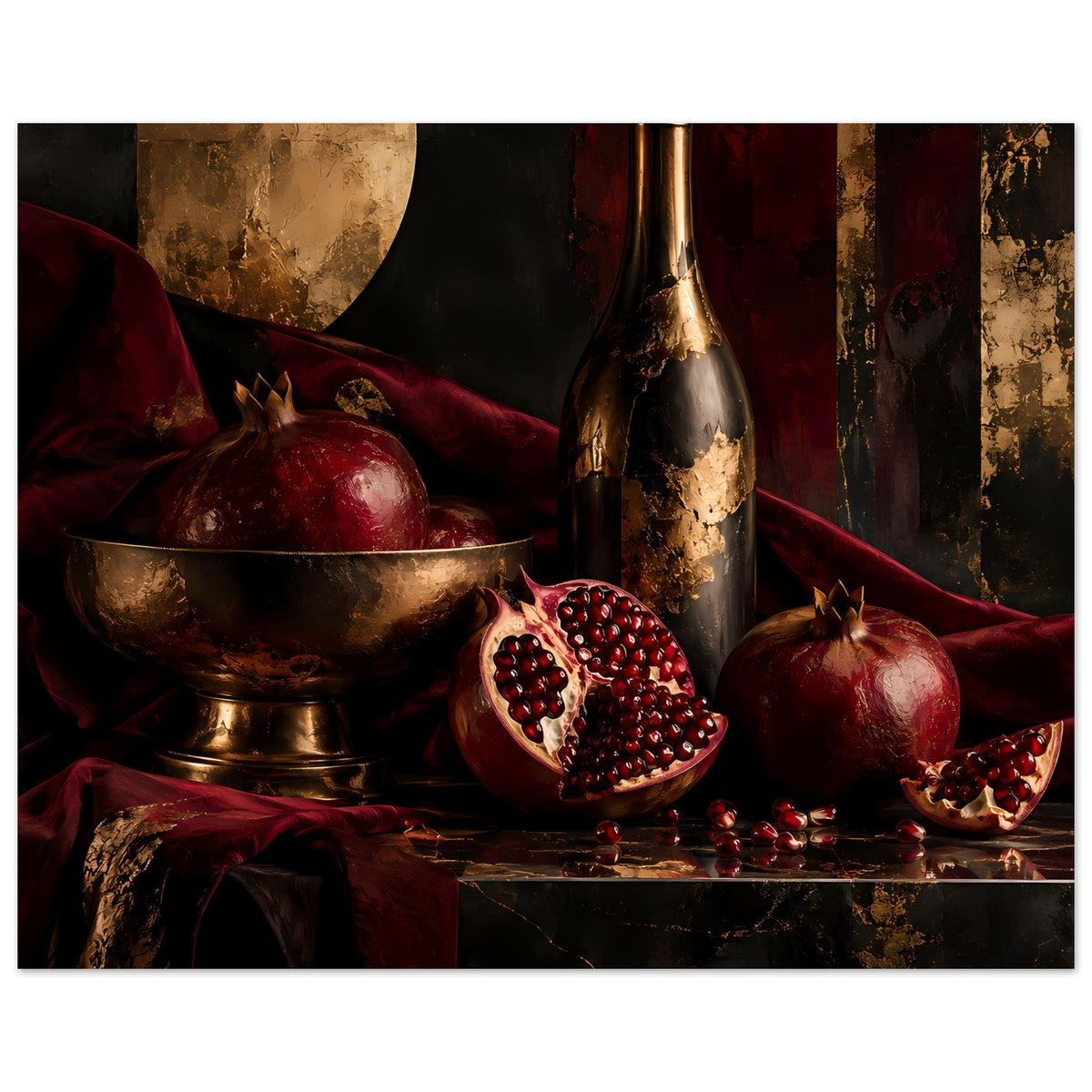 Poster mit Granatapfel-Stillleben: angeschnittener Granatapfel, Flasche und Schale