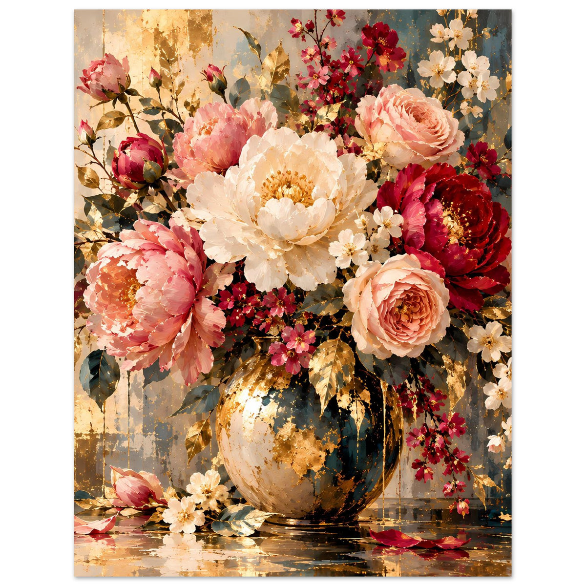 Blumenposter mit Blumenstrauß in Vase, Pfingstrosen und Rosen in Creme-, Rosa- und Rottönen.