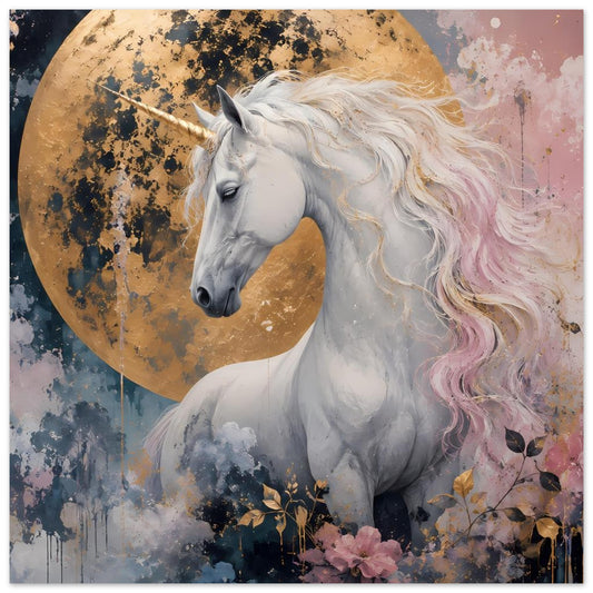 Fantasy-Poster: weißes Einhorn vor goldener Mondsichel, rosafarbene Mähne
