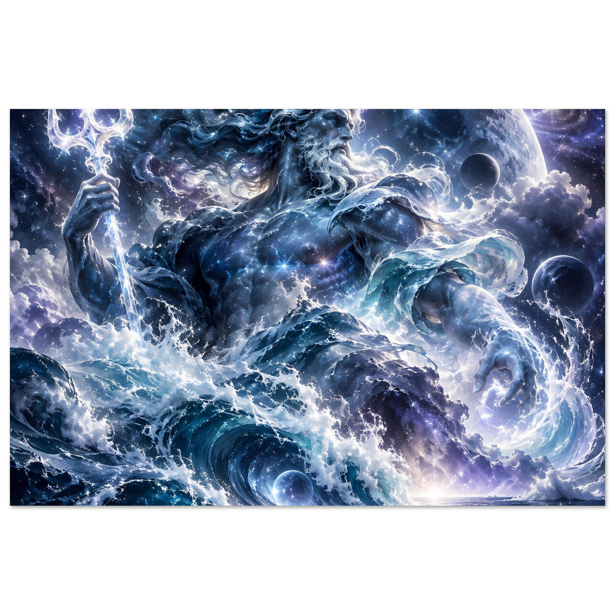 Ozean-Gott Poster mit kontrastreichen Wasserwirbeln, leuchtendem Dreizack und großer planetarer Kugel