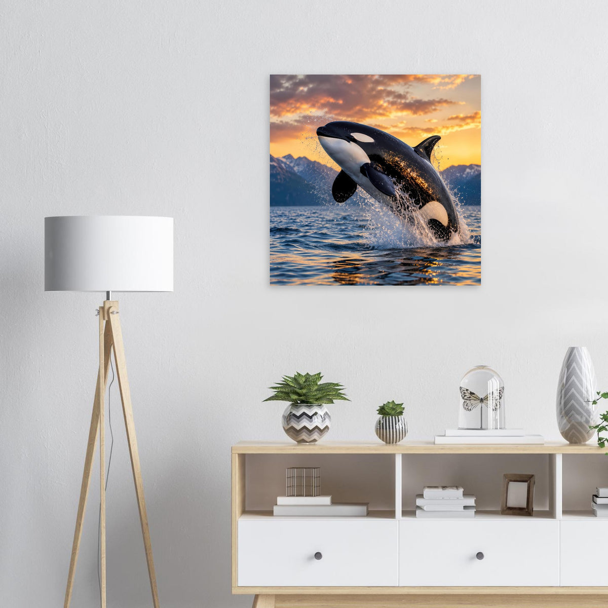 Quadratisches Orca-Sprung-Poster mit springendem Wal über Wellen