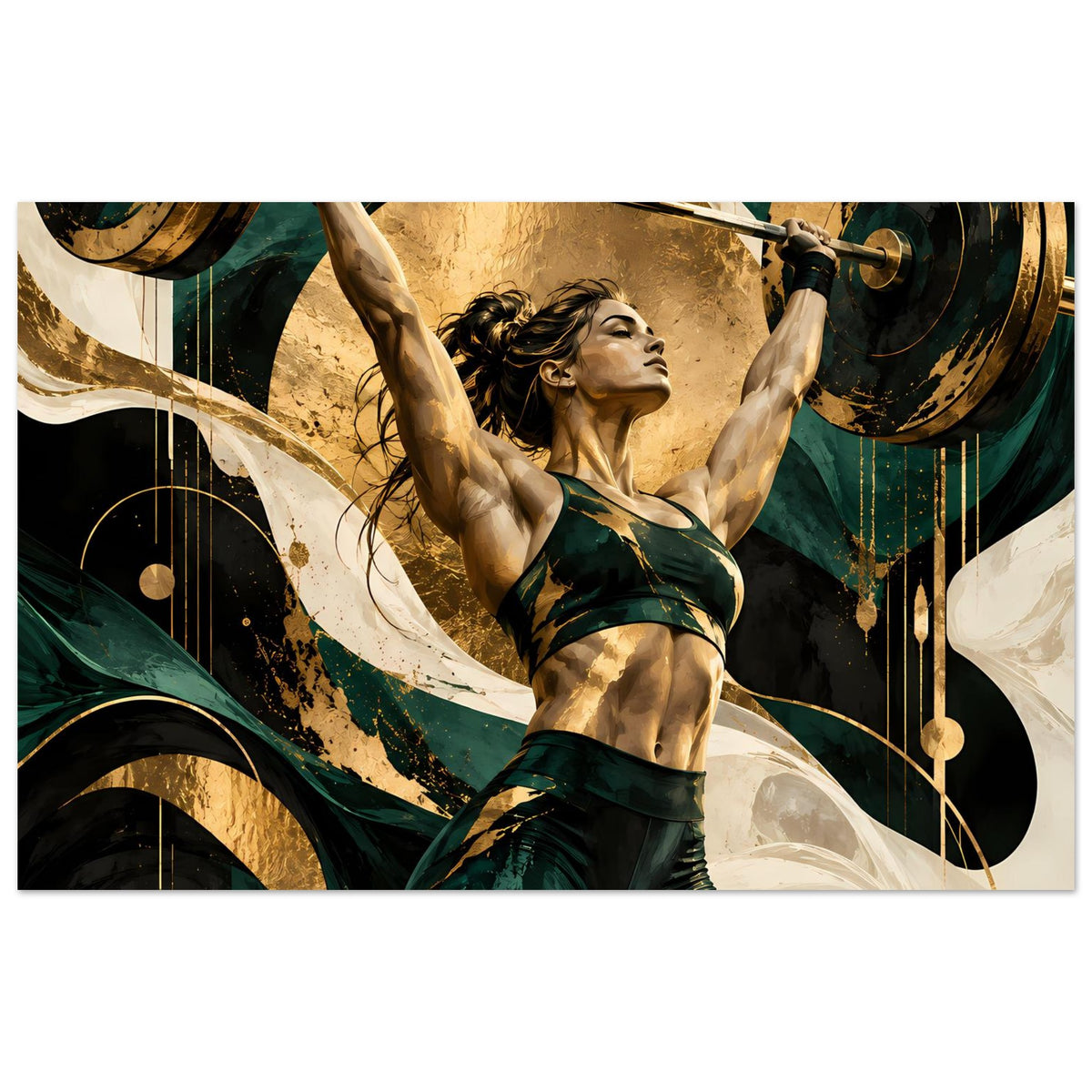 Gestrecktes Art-Poster: Frau mit Hantelstange über dem Kopf, goldene Fläche, grüne Farbflecken.