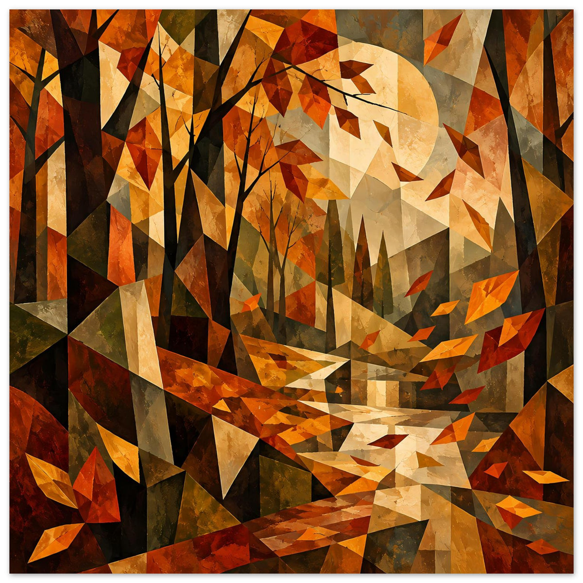 Kubistisches Herbstlandschafts-Poster (Hochformat) mit geometrischen Bäumen und orangefarbenem Laub