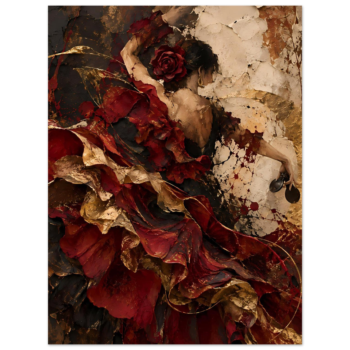 Hochformat-Wandposter mit Flamenco-Tänzerin: roter Faltenrock, Rose im Haar, goldene Stellen