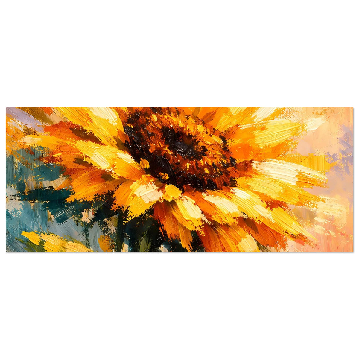 Horizontales Poster mit gemalter Sonnenblume in warmen Gelb-Orange-Tönen und dunklem Zentrum.
