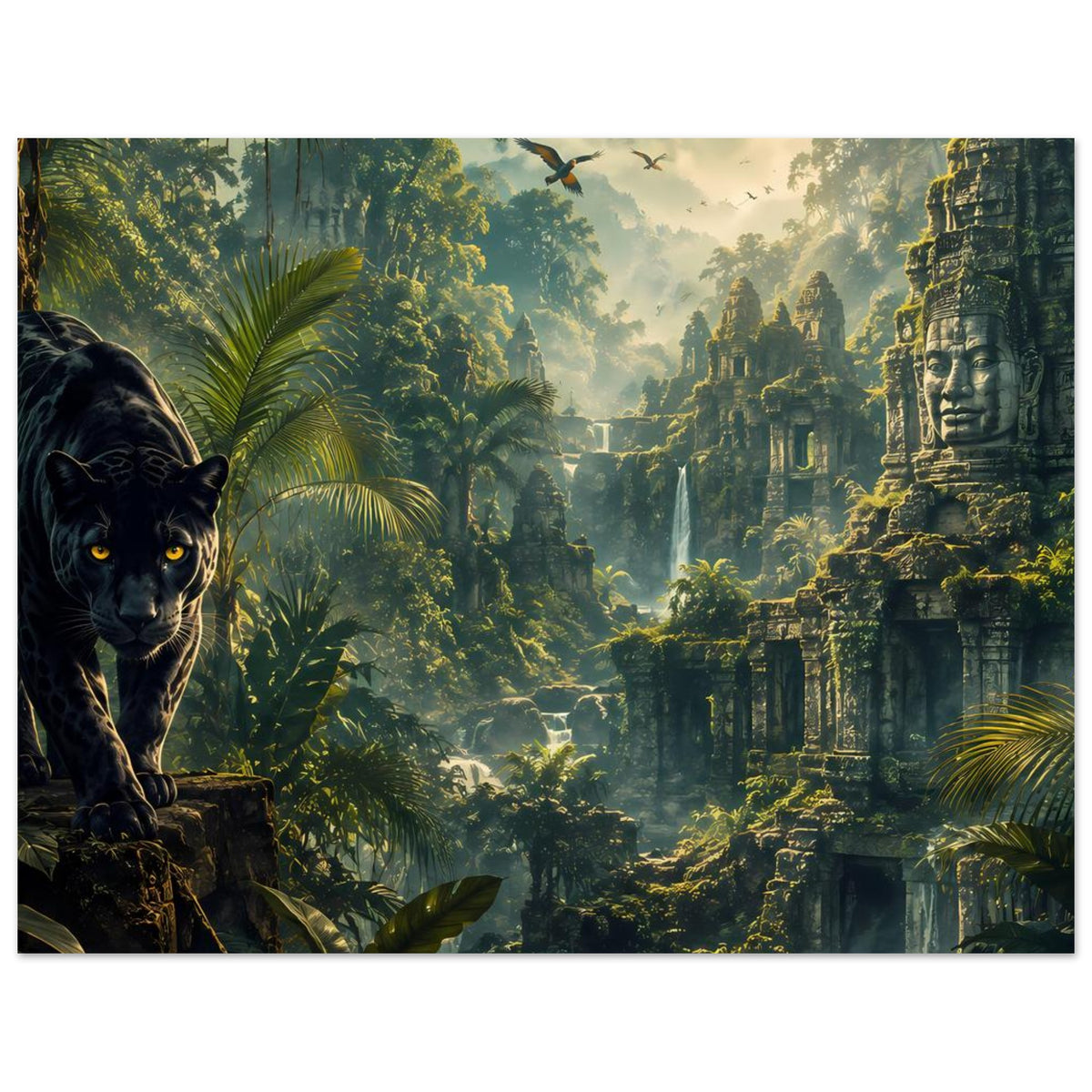 Horizontales Poster: schwarzer Panther links, Ruinen-Relief rechts