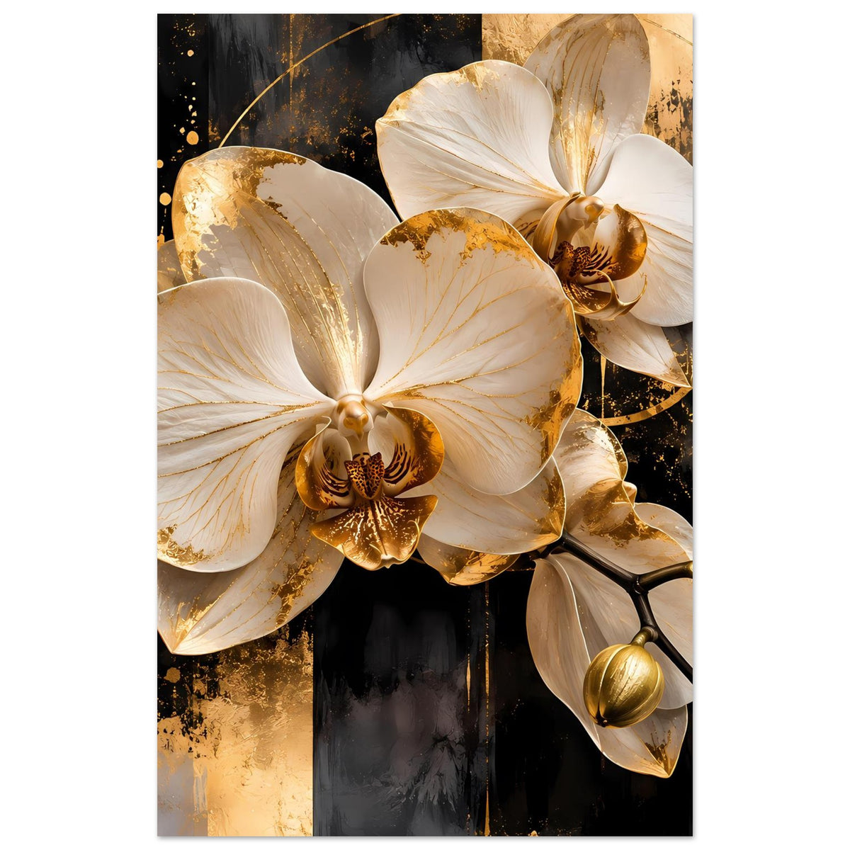Orchideenposter im Hochformat mit drei weißen Orchideen, goldenen Akzenten und goldenen Kugeln