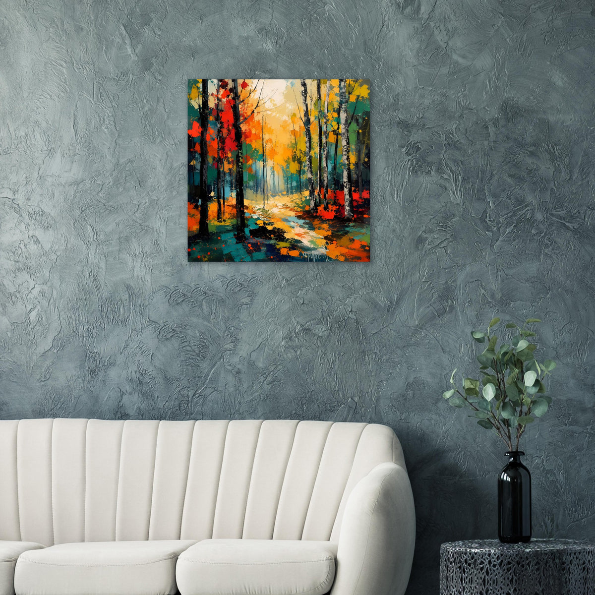 Quadratisches Wandposter mit Herbstwald-Illustration, leuchtende Farben und Pfad