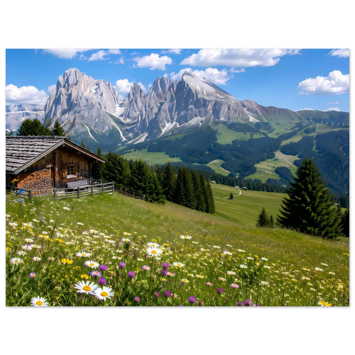 Alpenlandschafts-Poster: Wiesenblumen im Vordergrund, Holzhaus, Tannen und Bergkette