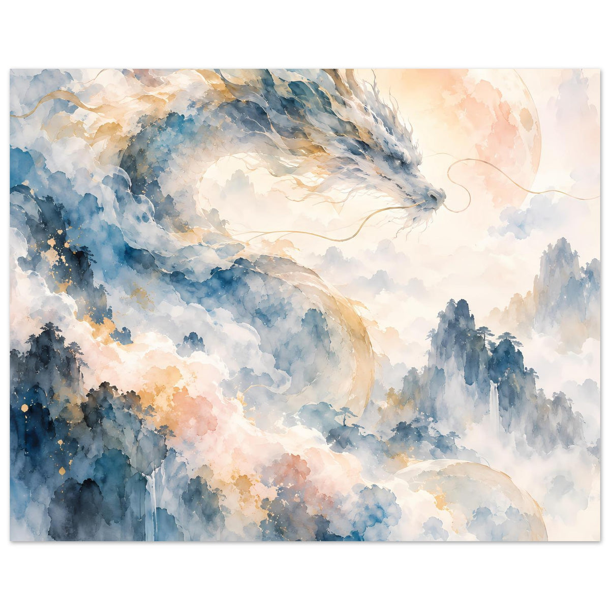 Fantasie-Aquarellposter in Querformat mit Drachenkopf über verschleierten Bergen