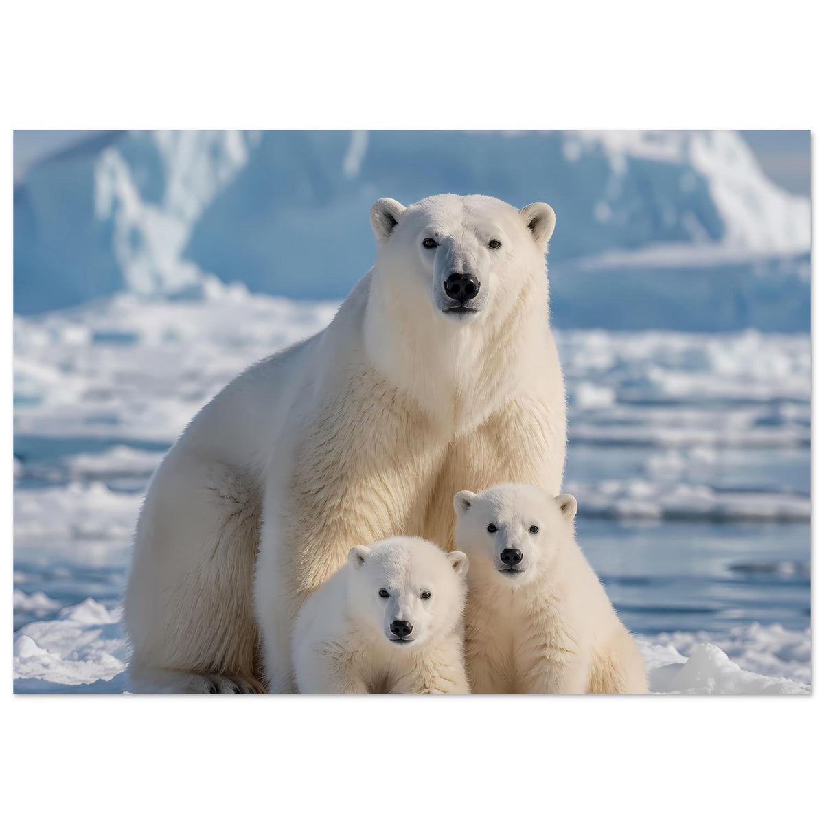 Kunstdruck mit Eisbärenfamilie: Eisbär und zwei Junge auf schneebedeckter Fläche