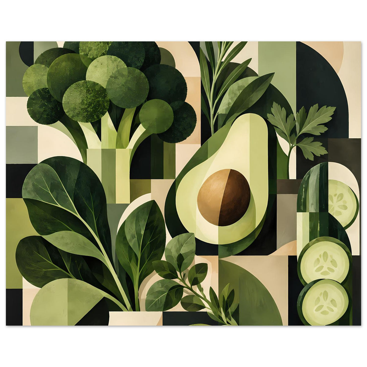 Geometrisches Poster mit Avocado und Pflanzen-Kacheln, rechts Gurken und Blattsilhouetten